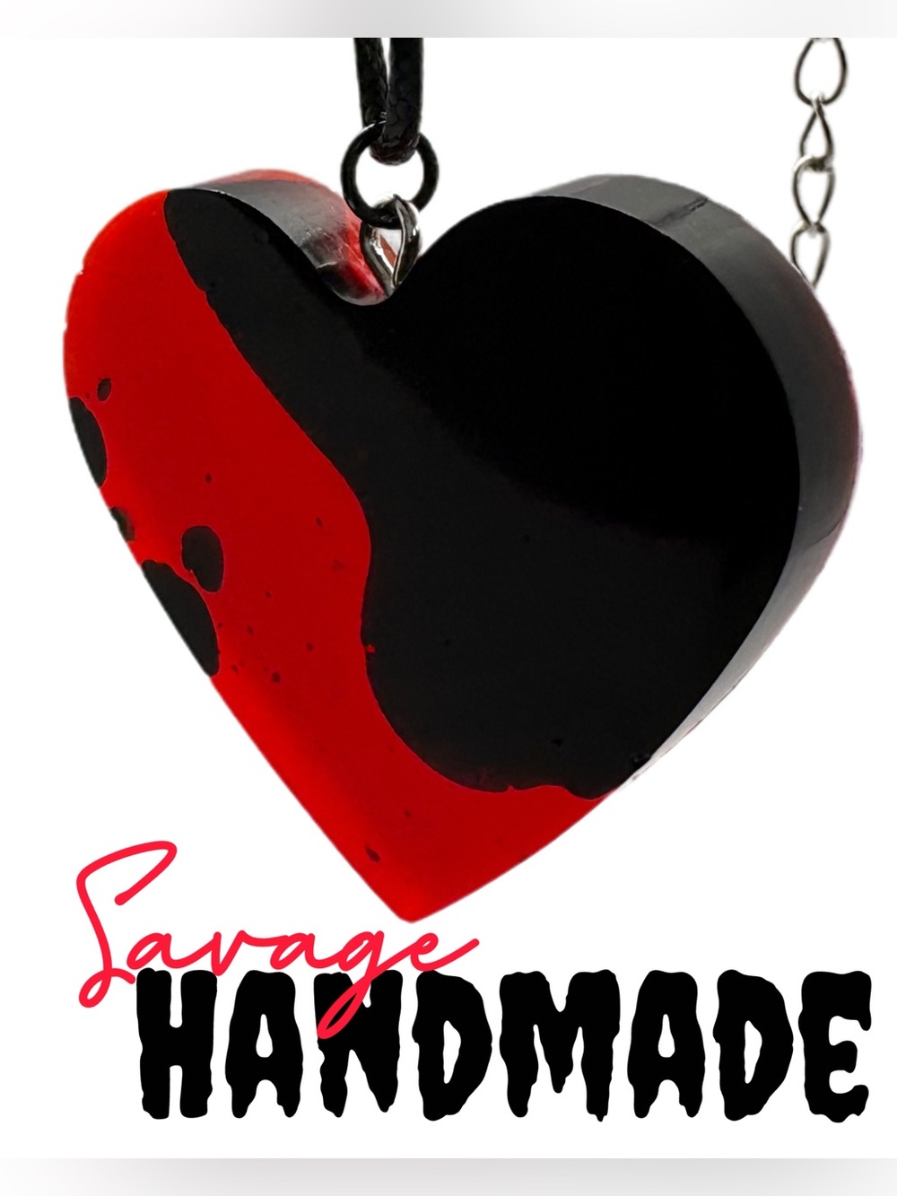 Handmade “Blackening Heart” Resin Charm Cord Necklace